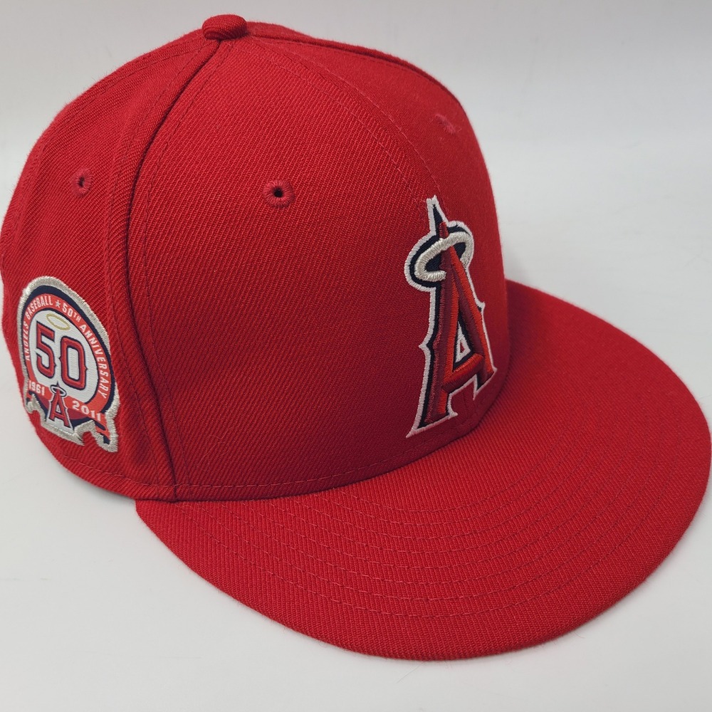 Los Angeles Angels Hat Fitted 7 5/8 New‎ Era 59Fifty Red 50th Anniversary Patch